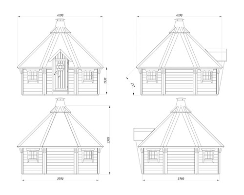Ritning av en grillkåta Kota med dimensioner.