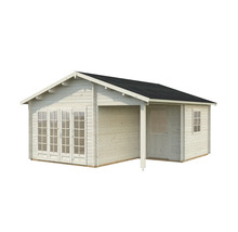 Trädgårdshus i trä med dubbeldörr och markis