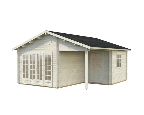 Trädgårdshus i trä med dubbeldörr och markis