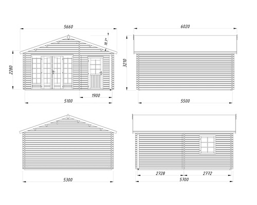 Teknisk ritning av ett trädgårdshus med mått