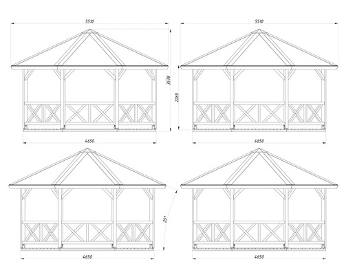 Teknisk ritning av en paviljong med dimensioner