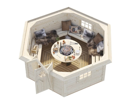 Ovanifrån av en grillkåta i trä med grillbord, sittbänkar och kuddar.