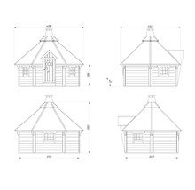 Teknisk ritning av ett trädgårdshus med mått