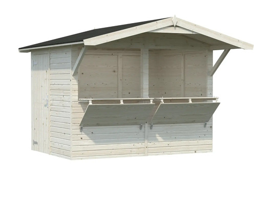 Försäljningsstånd i trä med två nedfällbara diskar