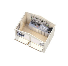 Ljus timmerstuga med caféinredning inklusive arbetsbänk, diskho, apparater och hyllor.