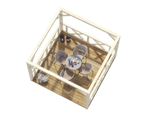 Träpaviljong med trädgårdsmöbler på träterrass