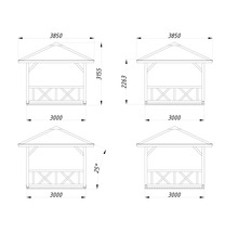 Teknisk ritning av ett lusthus med måttangivelser