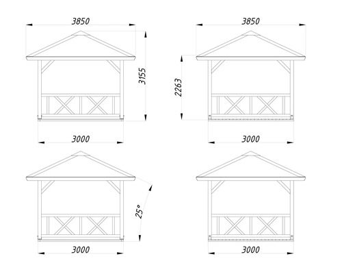 Teknisk ritning av ett lusthus med måttangivelser