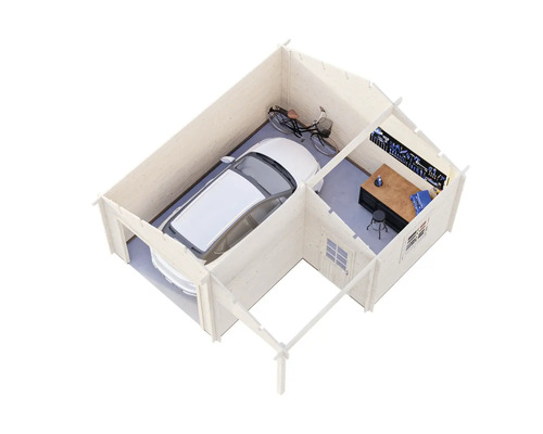 Garage med verkstadsdel, inklusive bil, cykel och arbetsbänk