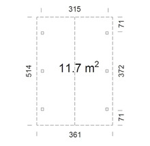 Ritning med mått och en yta på 11.7 kvadratmeter