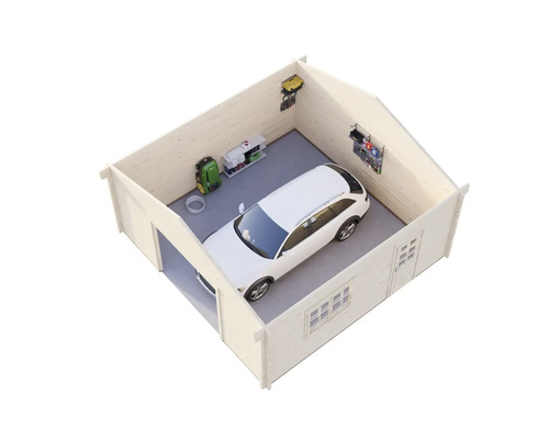 Garage av trä med en bil, hyllor och verktyg