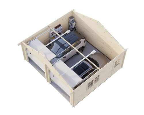 Dubbelgarage av trä med två bilar och hylla