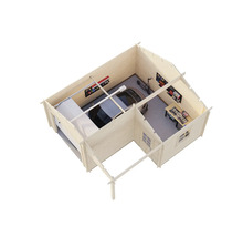 Genomsnittsmodell av ett garage i trä med två bilar, arbetsbänk och tillbehör