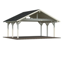 Träpaviljong med tak och grund