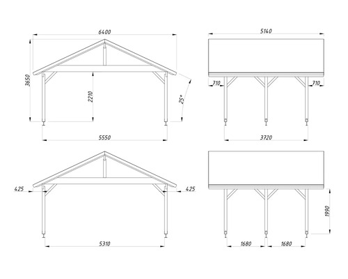 Teknisk ritning av en paviljong med mått.