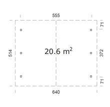 Ritning med mått: 640 x 514 cm, yta 20.6 m²