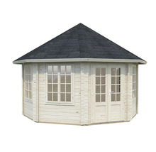 Trädgårdshus av trä med fönster och dubbeldörr