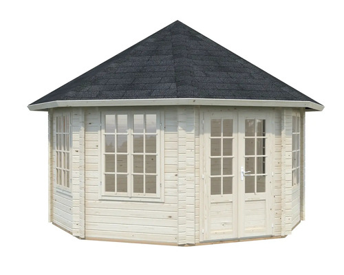 Trädgårdshus av trä med fönster och dubbeldörr