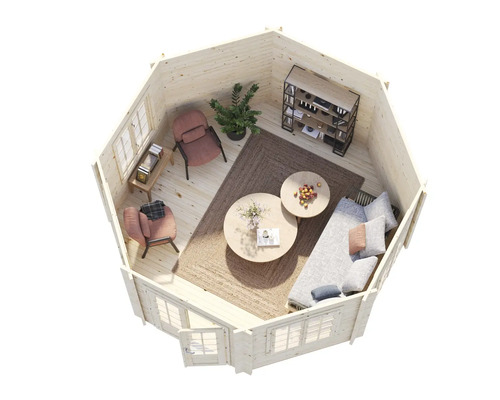 Interiörbild av ett trädgårdshus med möbler, inklusive soffa, fåtöljer, hyllor och bord