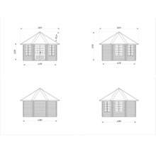 Teknisk ritning av ett trädgårdshus med mått