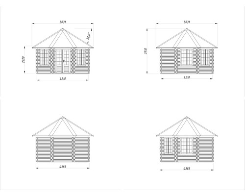 Teknisk ritning av ett trädgårdshus med mått