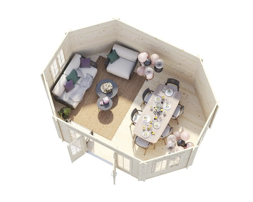 Interiörvy av ett trädgårdshus med sittgrupp och matbord