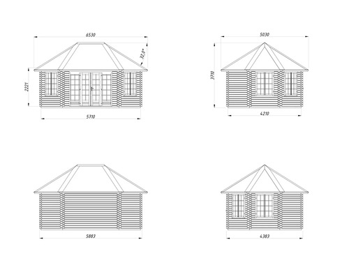 Teknisk ritning av ett trädgårdshus med mått