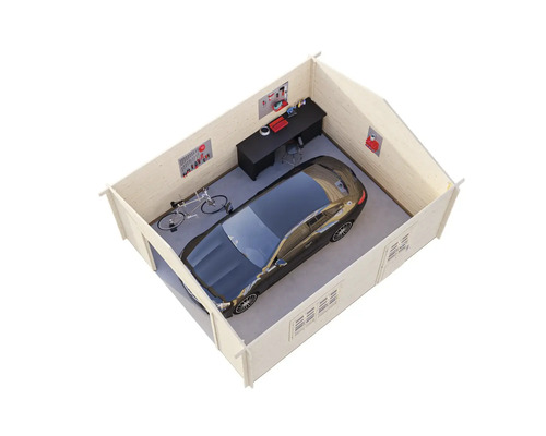 Garage av trä med bil, cykel och arbetsbänk