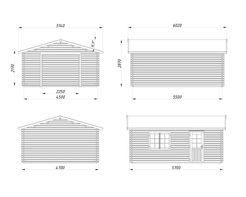 Teknisk ritning av ett trädgårdshus med mått.