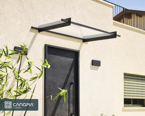 Modernt entrétak med svart metallram och transparent panel ovanför en mörk ytterdörr.