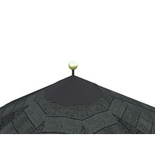 Tak på ett trädgårdshus med takspån och sfärisk avslutning