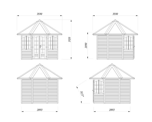 Teknisk ritning av ett trädgårdshus med mått