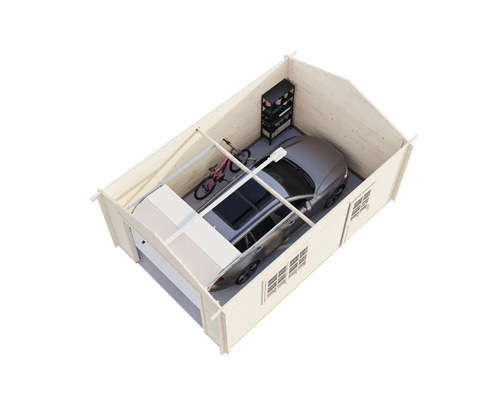 Trägarage med bil, cykel och förvaringshylla