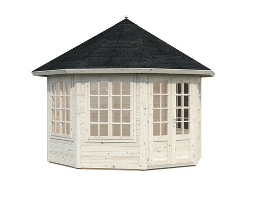 Sexkantig träpaviljong med fönster och dörr