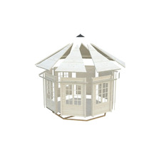 Ofullständig trädgårdspaviljong med fönster och träkonstruktion