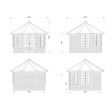 Teknisk ritning av ett trädgårdshus med mått
