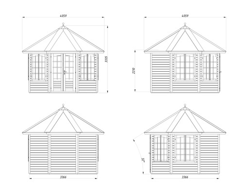 Teknisk ritning av ett trädgårdshus med mått