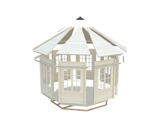 Obehandlat lusthus i trä med fönster och takelement