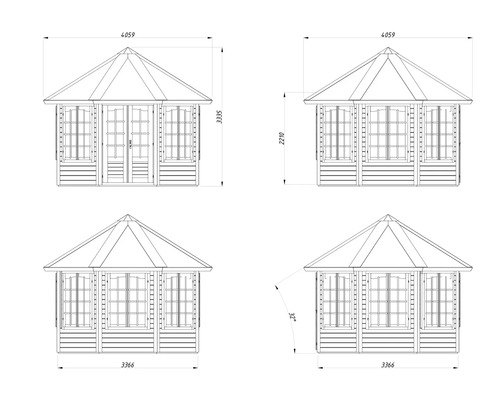 Ritning av ett trädgårdshus med måttangivelser