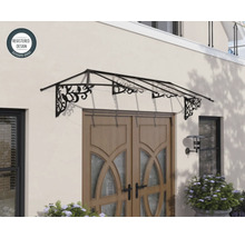 Klassiskt entrétak i mörk metall med dekorativa detaljer monterat ovanför en trädörr. Symbol för registrerad design.