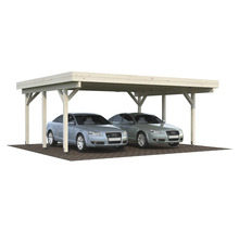 Dubbel carport i trä med två bilar parkerade under.