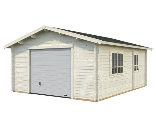 Trägarage med sektionsport, fönster och dörr.