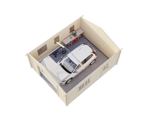 Garage av trä med bil, arbetsbänk och verktyg