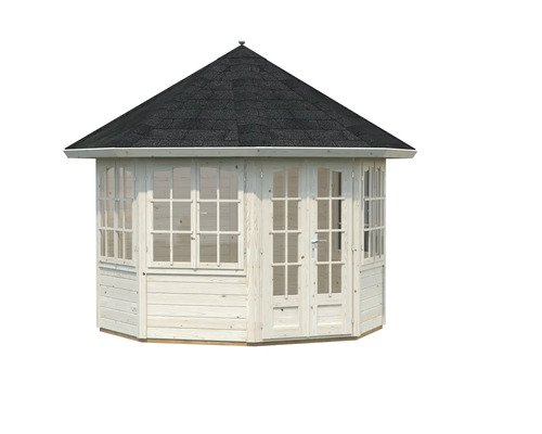 Trädgårdspaviljong i trä med fönster och takspån