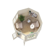 Trädgårdshus i trä med fåtöljer, bord och dekoration