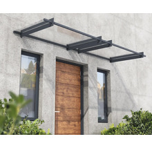 Modernt entrétak av glas med mörk metallram ovanför en trädörr med sidofönster.