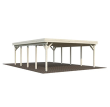 Bilport i trä med platt tak och flera stödpelare