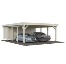 Dubbel carport i trä med två parkerade bilar