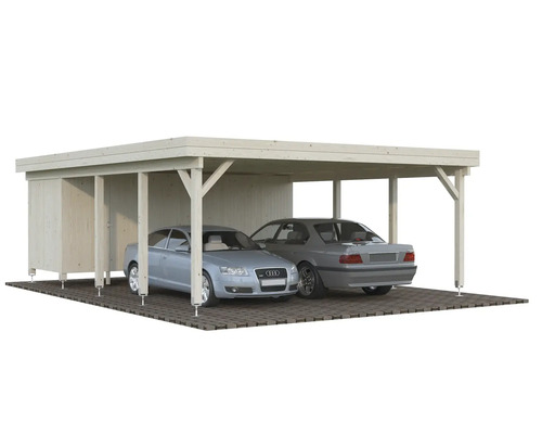 Dubbel carport i trä med två parkerade bilar