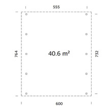Ritning med mått och en yta på 40,6 kvadratmeter